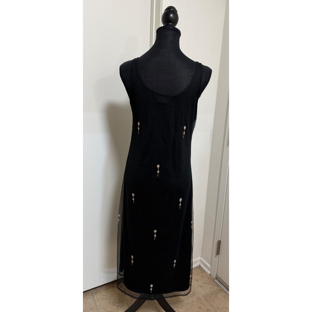 Chaudry Black Mesh Embroidered Floral Midi Dress PM Sleeveless Whimsigoth 90s
